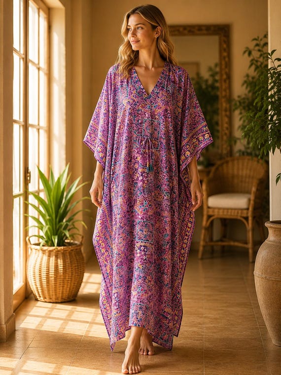 Purple Vintage Silk Saree Kaftan Dress, Boho Maxi Caftan, Indian Silk Blend Kaftan, Resort Beach Cover Up, One Size Gift