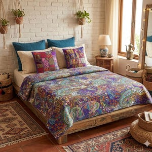 Indian handmade patchwork kantha quilt hippie bedding bedspread boho bohemian vintage kantha blanket gudari king/twin size bed cover