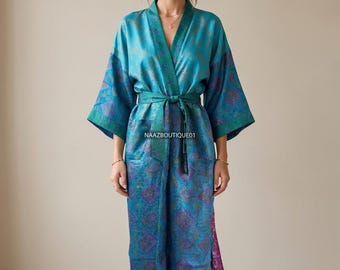 Vintage Silk Saree Kimono Robe, Upcycled Indian Silk Dressing Gown, Boho Blue Wrap Robe, Luxury Lounge Wear, Sustainable Bridesmaid Robe