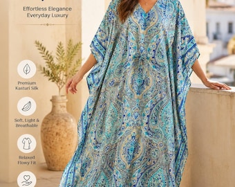Kaftan Kasturi en soie turquoise à motif cachemire | Robe caftan bohème de luxe | Caftan maxi fait main pour les vacances | Robe fluide en soie