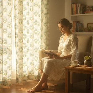 Könnte beinhalten: Eine Frau liest in einem sonnendurchfluteten Raum ein Buch. Der Raum verfügt über floral gemusterte Vorhänge und einen kleinen Holztisch mit einer Tasse Tee und einer Topfpflanze. Die Frau trägt ein weißes Kleid.