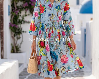 Blue Floral Cotton Midi Dress for Women, Boho Summer Dress, Colorful Botanical Print Dress, Casual Belted Dress, Vacation Resort Wear