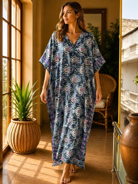 Blue Vintage Silk Saree Kaftan Dress, Boho Maxi Caftan, Indian Silk Blend Resort Beach Cover Up, One Size 51 Inch