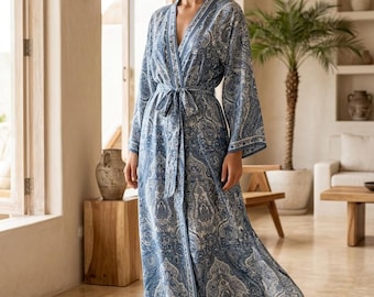 Kasturi Silk Blue Paisley Kimono Robe | Handmade Long Silk Dressing Gown | Boho Luxury Resort Wear | Elegant Bridal Robe for Women