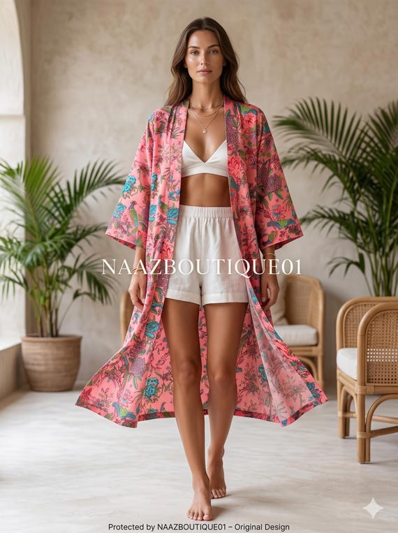 Pink Floral Kimono Robe Women, Cotton Beach Cover Up, Boho Summer Kimono, Lightweight Resort Wear, Vacation Outfit