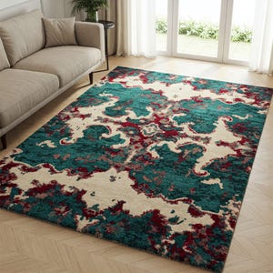 Modern Hand Tufted Teal, Cream, Burgundy Colors Abstract Rug for Living room 5x7, 6x9, 8x10, 9x12, 10x14 Handmade Custom Area Wool Rugs