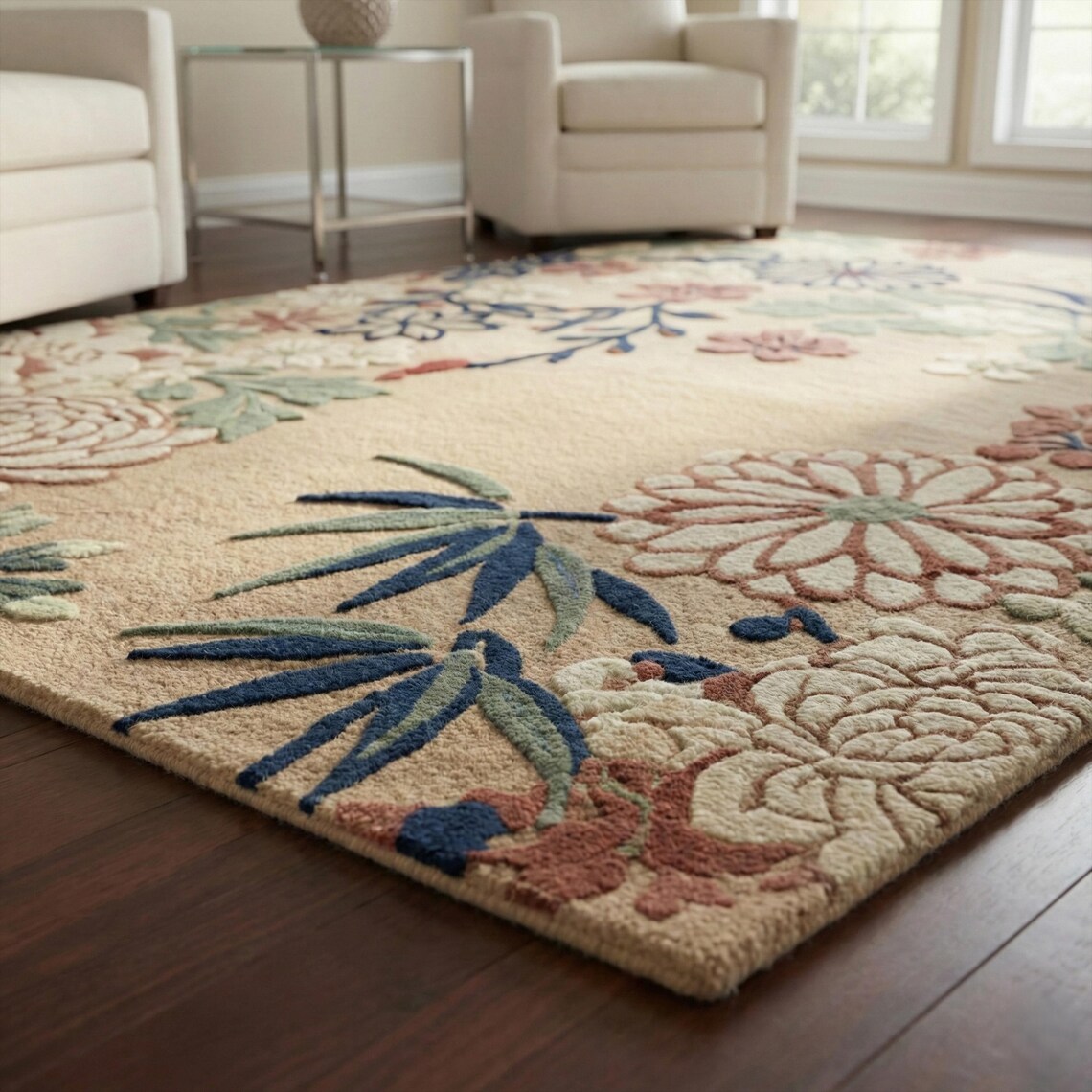 Beige Green Floral Hand Tufted Wool Rug, Modern Botanical Custom Rugs ...