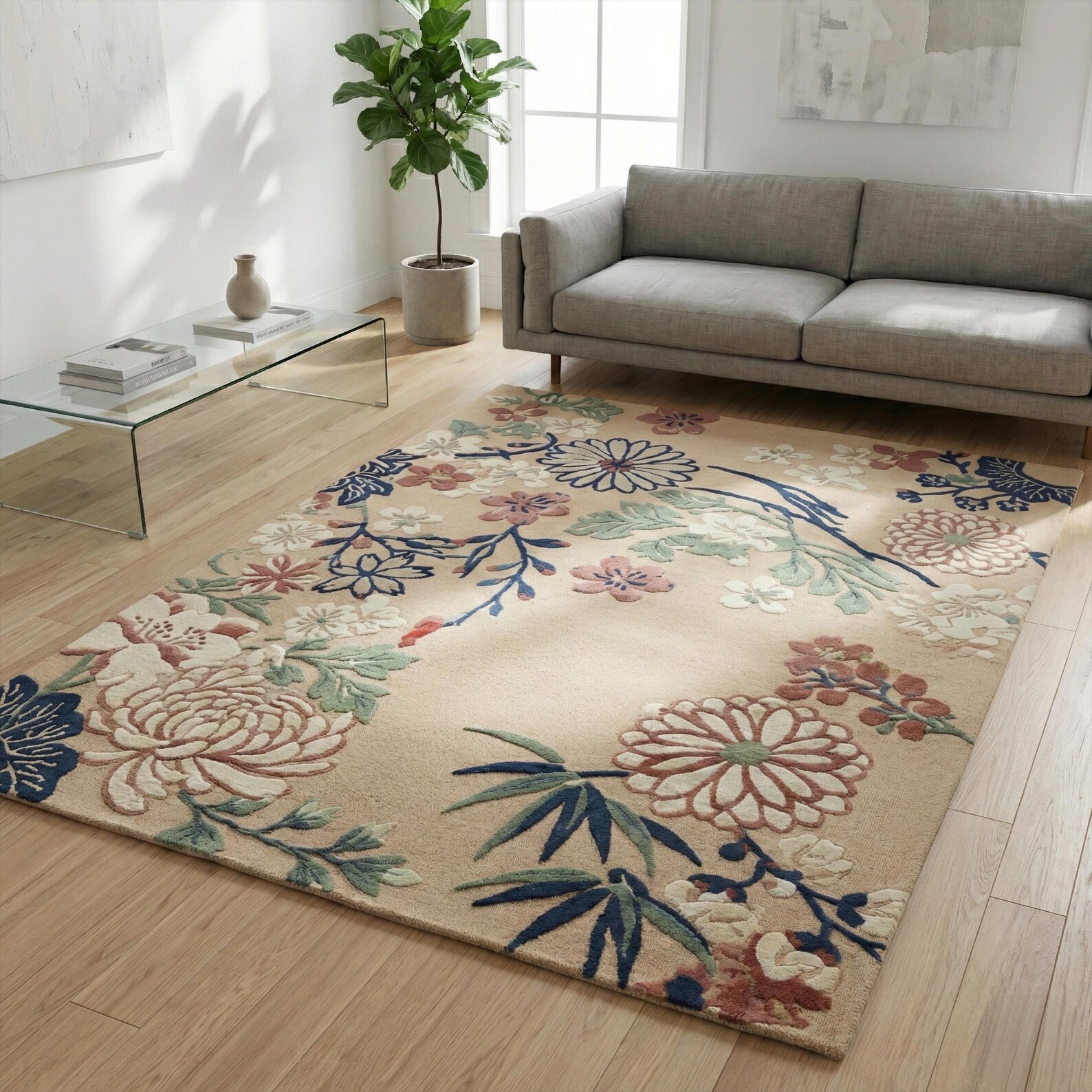 Beige Green Floral Hand Tufted Wool Rug, Modern Botanical Custom Rugs ...