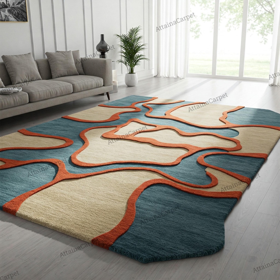 Teal Blue Beige Hand Tufted Wool Rug, Modern Abstract Area Rugs for ...