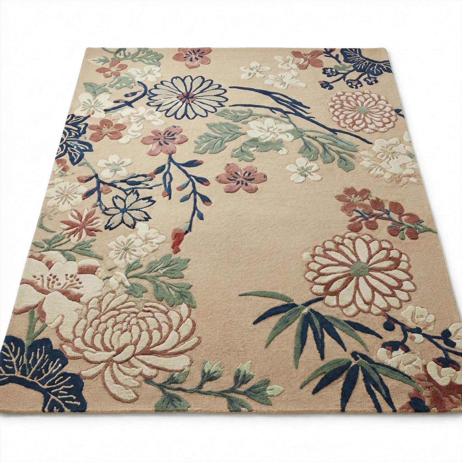 Beige Green Floral Hand Tufted Wool Rug, Modern Botanical Custom Rugs ...