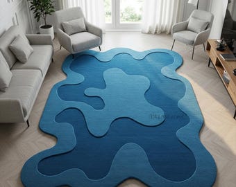 Blue Hand Tufted Wool Rug, Irregular Abstract Area Living Room Rug