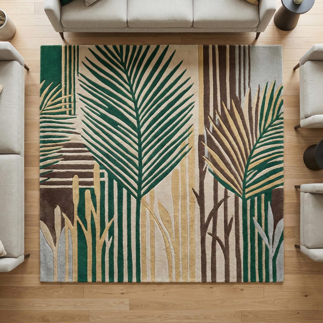Jen Reed Bathroom Area Rug Palm Reed Leaf Wool Rug, Emerald Green Beige Tufted Abstract Area ...
