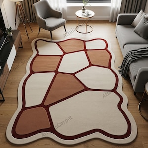 Beige Brown Irregular Geometric Hand Tufted Custom 6x9 Living Room Rug, Modern Abstract Organic Shape Natural Wool Area Rugs for Dining Room