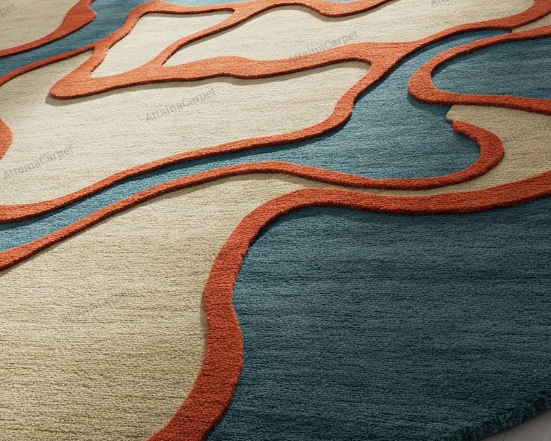 Teal Blue Beige Hand Tufted Wool Rug, Modern Abstract Area Rugs for ...