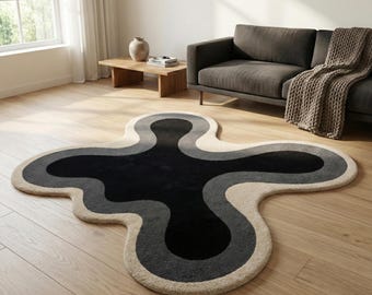 Black Abstract Wool Rug, Irregular Shape Hand Tufted Rug, Modern Organic Area Rug, Contemporary Statement Carpet