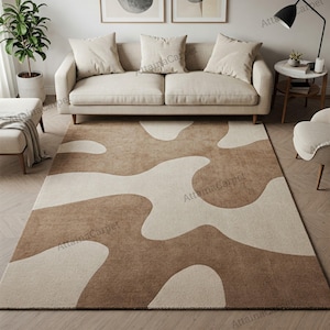 Beige Brown Abstract Hand Tufted Organic Shaped Custom Wool Rug for Kids Room, Modern Contemporary 6x9 8x10 9x12 Area Rugs for Living Room
