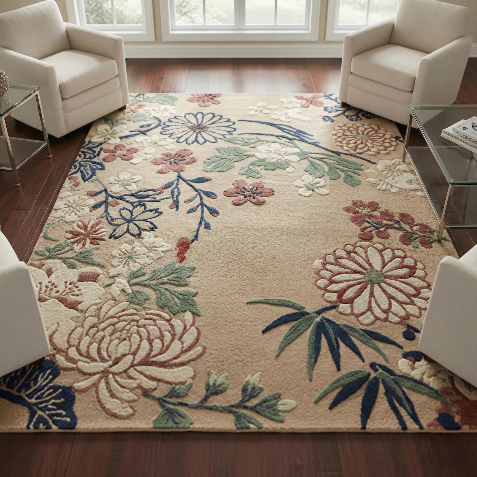 Beige Green Floral Hand Tufted Wool Rug, Modern Botanical Custom Rugs ...