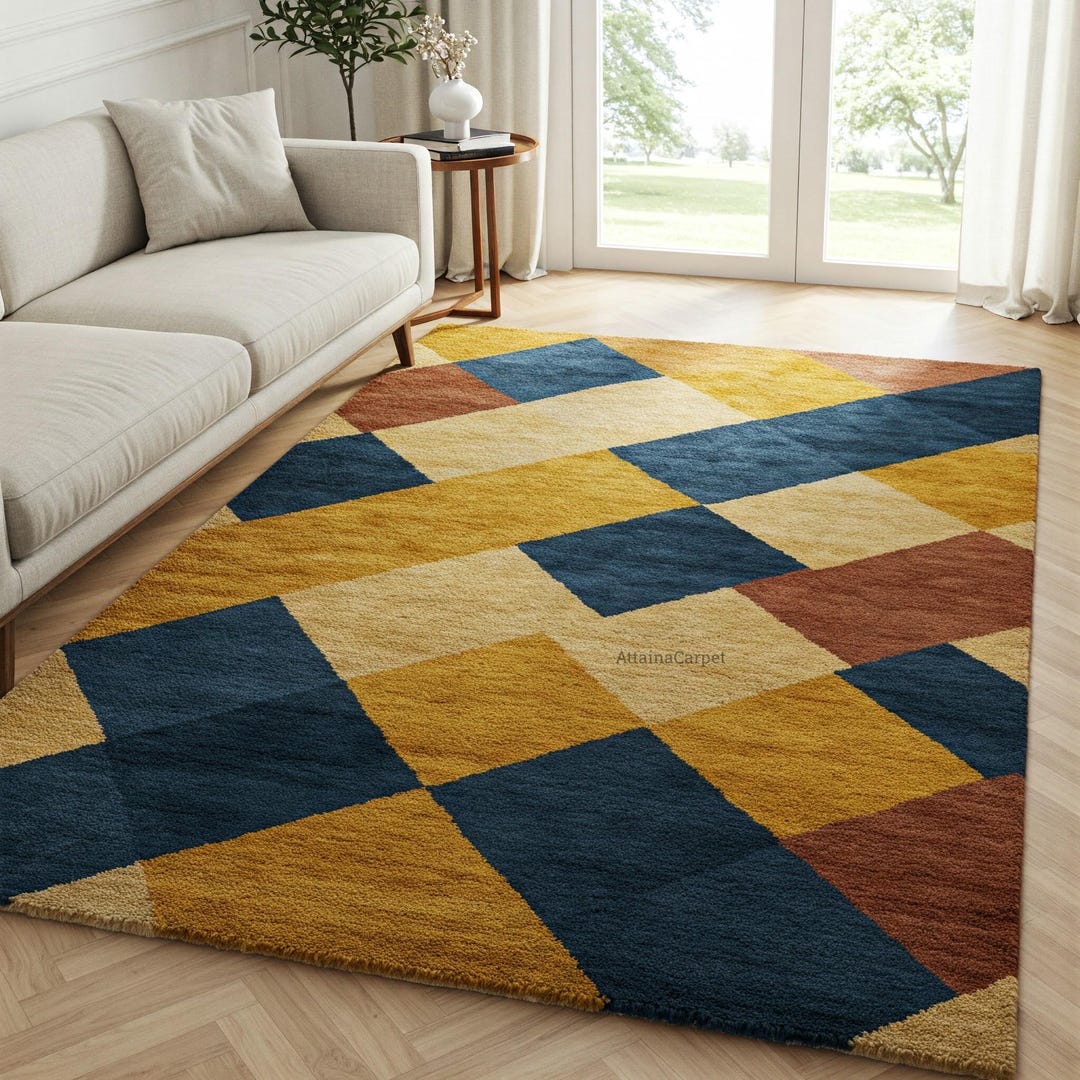 Modern Mustard Yellow Navy Blue Hand Tufted Geometric Wool Rug for ...
