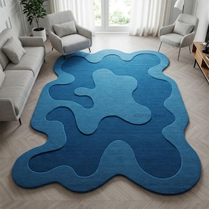 Irregular Blue Abstract Layered Design Hand Tufted Custom Area Rugs for Living Room, Modern Organic Shaped 8x10 Bedroom Rug, Kids Wool Rugs