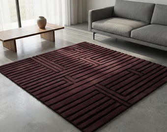 Tappeto in lana a righe geometriche rosso vino, tappeti con texture 3D annodati a mano