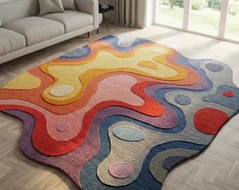 Tappeto in lana astratto moderno di metà secolo, tappeto colorato e irregolare annodato a mano