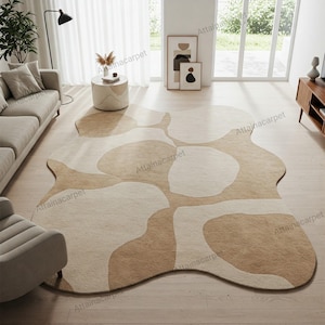 Muted Beige Brown Irregular Abstract Hand Tufted Wool Rug for Bedroom, Modern Contemporary Area Rugs for Living Room, Custom Kids Room Rug