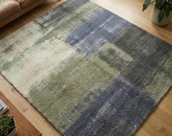 Blue Green Abstract Wool Rug, Modern Hand Tufted Minimalist Area Rug