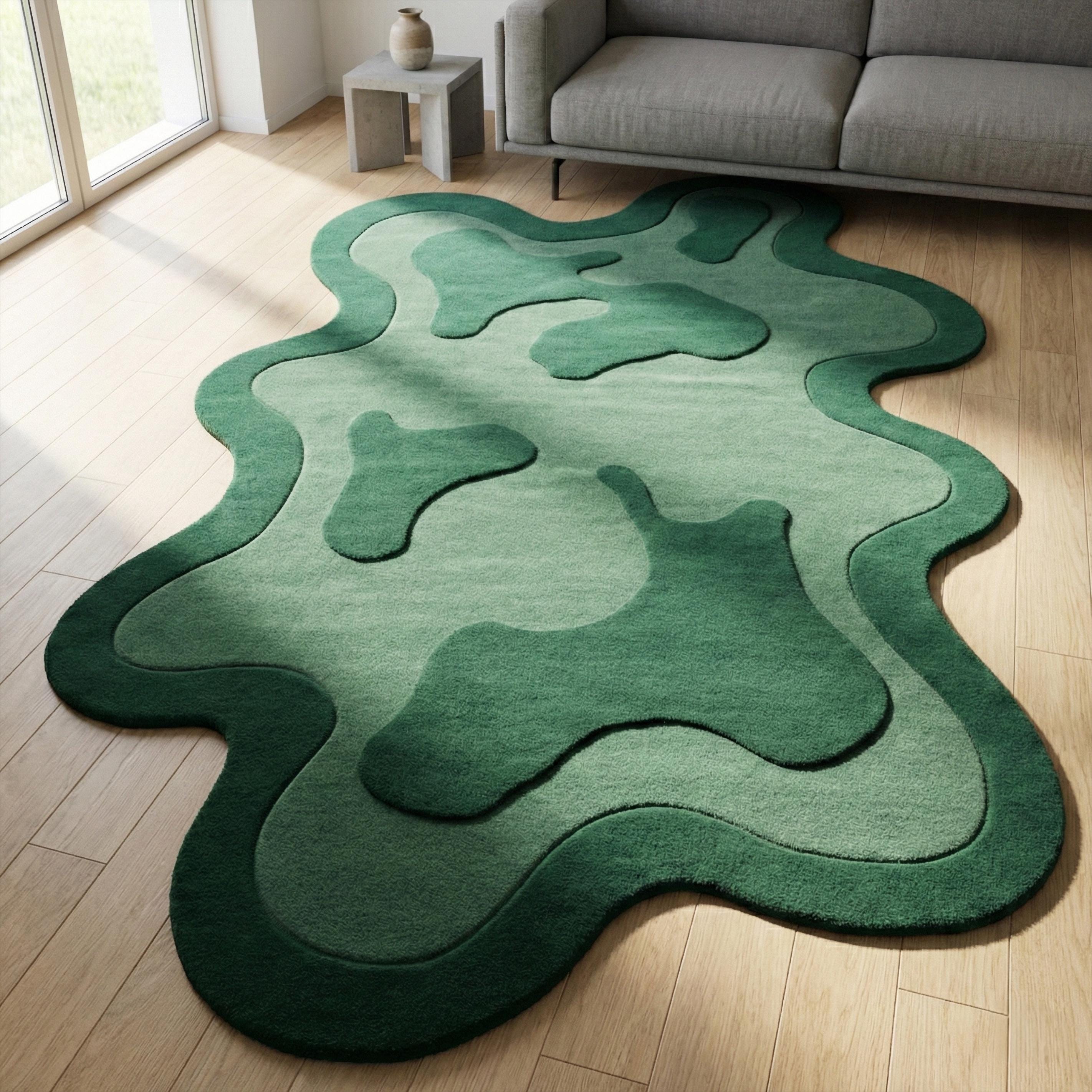 Irregular Green Abstract Wool Rug, Hand Tufted Custom Area Amoeba Rug ...