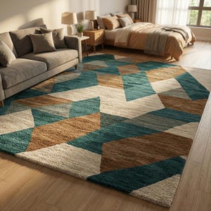 Teal Blue Cream Geometric Wool Rug, Hand Tufted Custom Area Rug