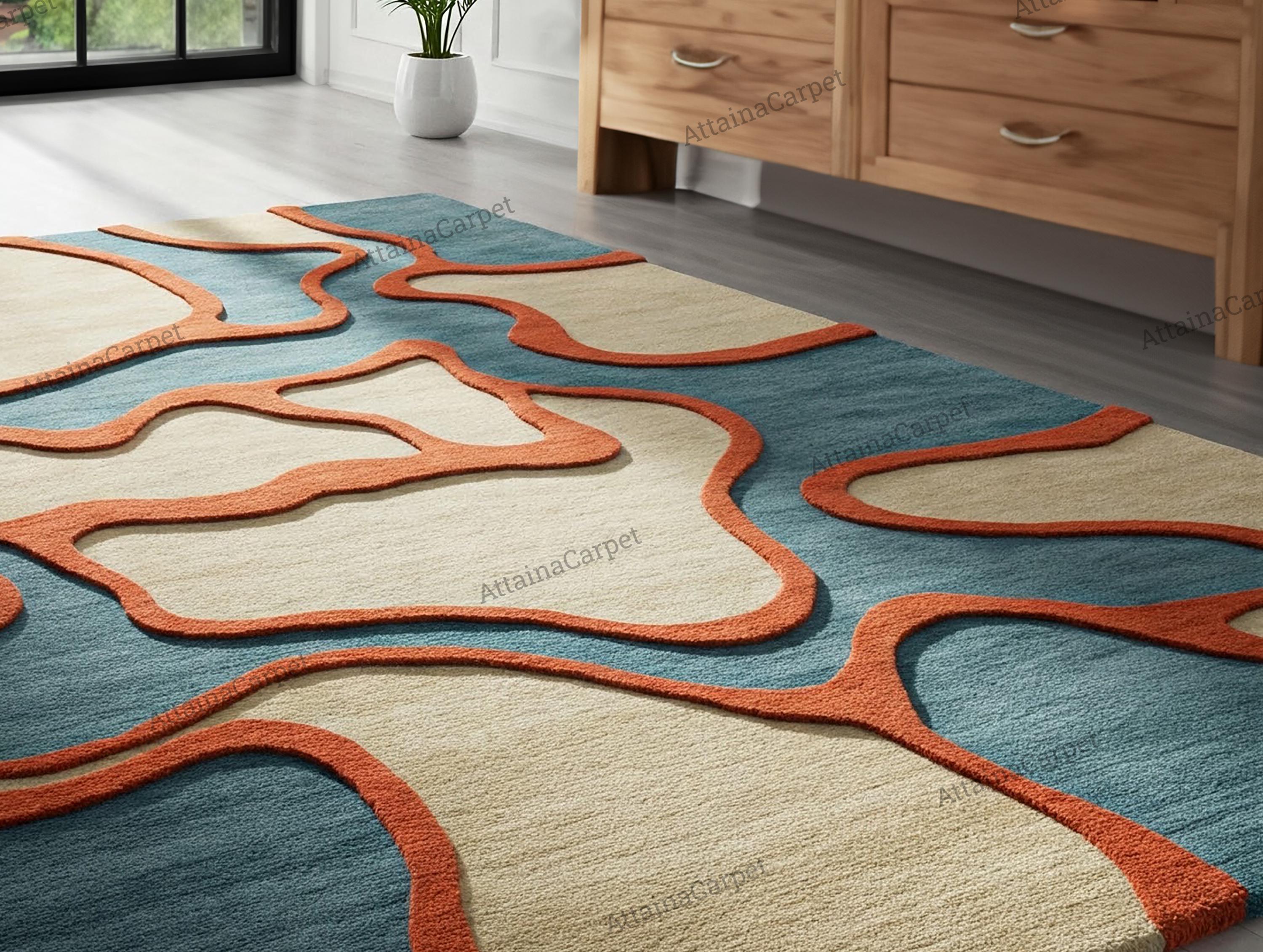 Teal Blue Beige Hand Tufted Wool Rug, Modern Abstract Area Rugs for ...