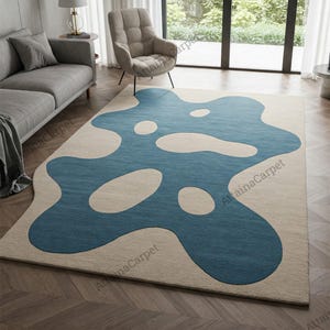 Light Beige Blue Cutout Design Hand Tufted Abstract Wool Rug for Living Room, Modern Contemporary 8x10 Bedroom Rugs, Handmade Custom Rug
