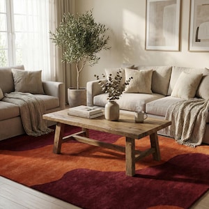 Red Orange Abstract Wavy Wool Rug, Hand Tufted Modern Area Rug
