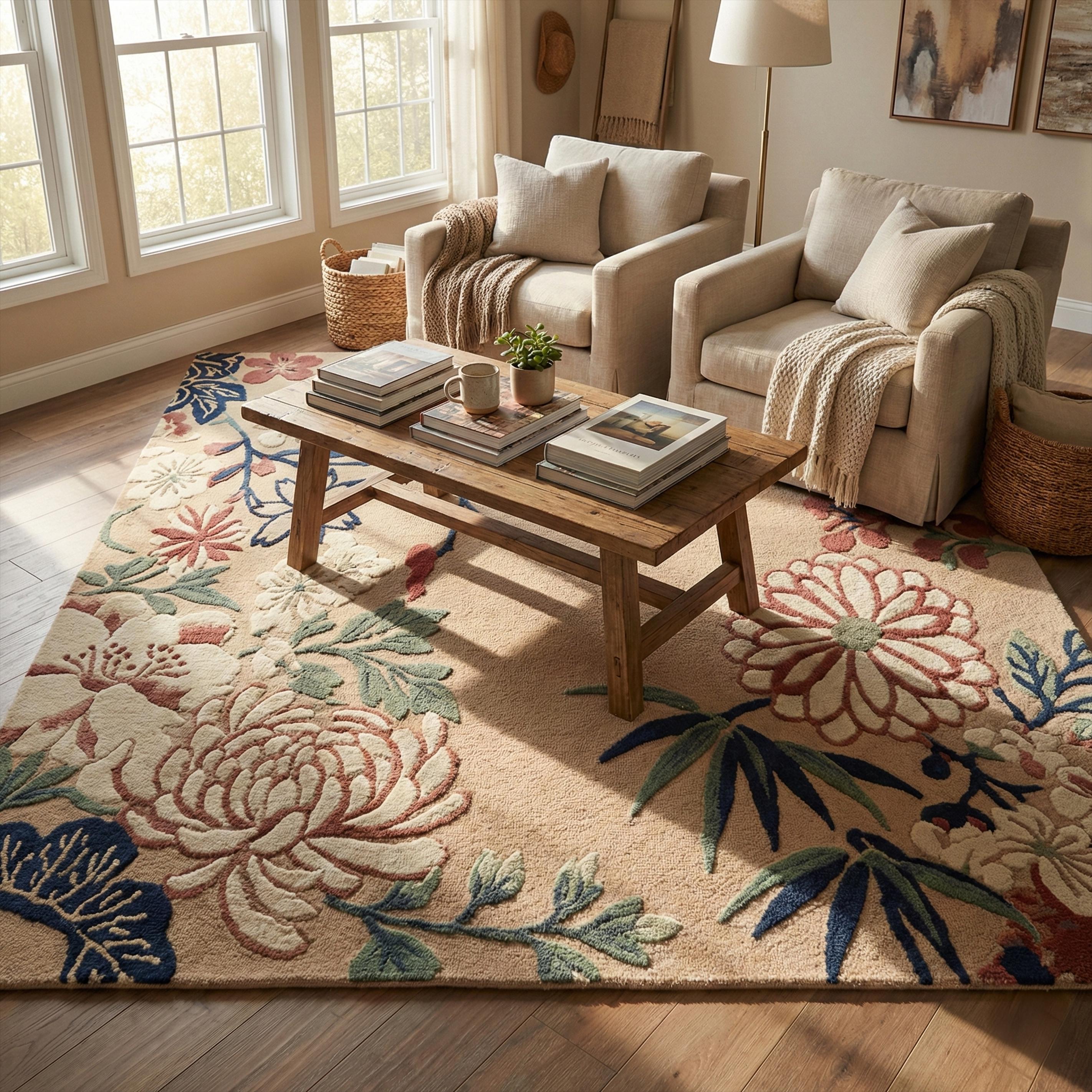 Beige Green Floral Hand Tufted Wool Rug, Modern Botanical Custom Rugs ...