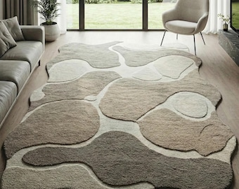 Beige Brown Irregular Hand Tufted Rug, Modern Abstract Wool Area Rugs for Living Room