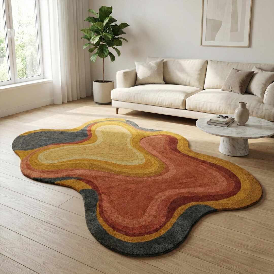 Mustard Yellow Hand Tufted Irregular Rug, Abstract Wool Area Rugs for ...