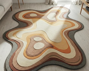 Irregular Ivory Beige Abstract Wool Rug, Hand Tufted Organic Shape Area Rug