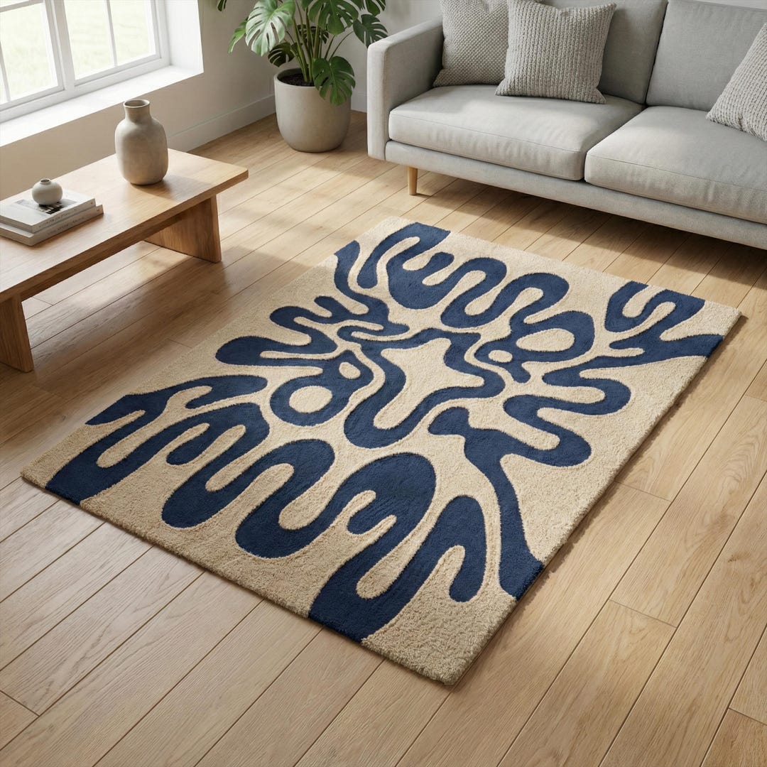 Beige Blue Abstract Hand Tufted Wool Rug, Modern Minimalist Bedroom ...