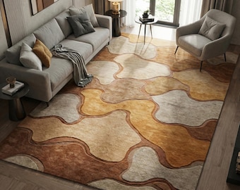 Tappeto astratto in lana beige e marrone, moderno tappeto testurizzato trapuntato a mano.