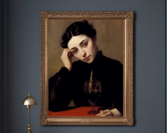 Woman with Wine Print | Woman Portrait | Vintage Wall Art | Victorian Art | Antique Oil Painting | Moody Wall Decor | Printable| Digital