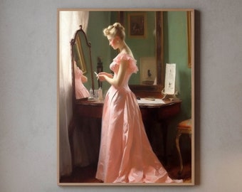 Woman Portrait | Woman reading| Pink Vintage Wall Art | Victorian Art | Antique Oil Painting | Moody Wall Decor | Printable Art | Digital