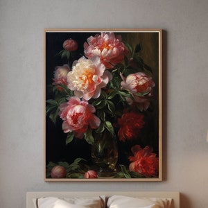 Pintura de flores / Peonías en un jarrón / Naturaleza muerta / Arte de pared vintage / Pintura al óleo antigua / Decoración de pared cambiante / Arte imprimible / Digital