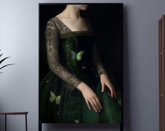 Lady with Butterflies | Green Dress | Vintage Wall Art | Victorian Woman Art | Antique Oil Painting | Moody Wall Decor | Printable| Digital