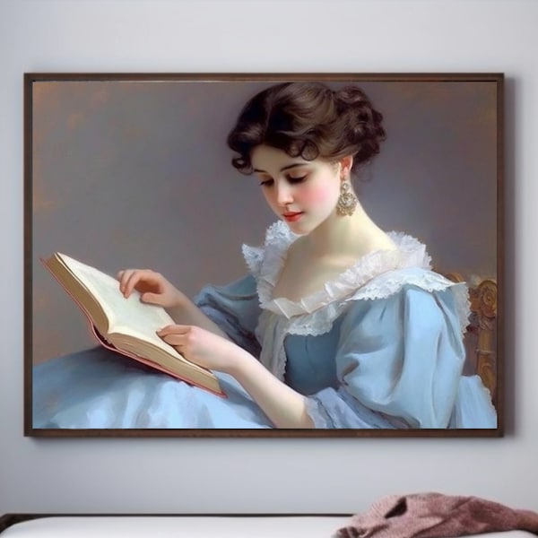 Dekadente Junge Frau | Frauenportrait | Vintage Wand Kunst | Dame mit Buch | Dame lesen Druck | Stimmungsvolle Wanddekoration | Druckbar | Digital