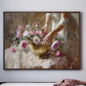 Pintura de flores / Jarrón dorado / Naturaleza muerta / Misterioso arte de pared vintage / Pintura al óleo antigua / Decoración cambiante / Arte imprimible / Digital