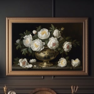 Pintura de flores / Peonías blancas en un jarrón / Naturaleza muerta / Arte de pared vintage / Pintura al óleo antigua / Decoración cambiante / Arte imprimible / Digital