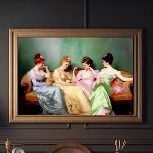 Victorian Gossip Girls | Antique Portrait Painting | Vintage Wall Art | Chatting at the Ball | Moody Wall Decor | Printable | Digital