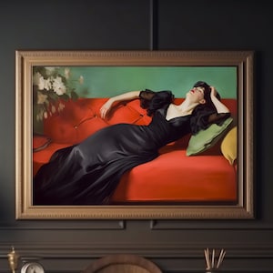 Victorian Woman Portrait Black Dress Lady Moody Green Print Antique Digital Wall Art Elegant Printable Decor 19th Century Red and Black