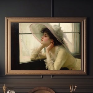 Dekadente junge Frau | Frauenportrait | Vintage Wandkunst | Dame in einem Fenster | Vor dem Tanz | Stimmungsvolles Wanddekor | Druckbare Kunst | Digital