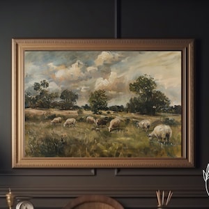 Vintage Sheep Landscape Painting | Printable Farm Art | Rustic Countryside Wall Decor | Sheep Oil Painting | Instant Digital Download
