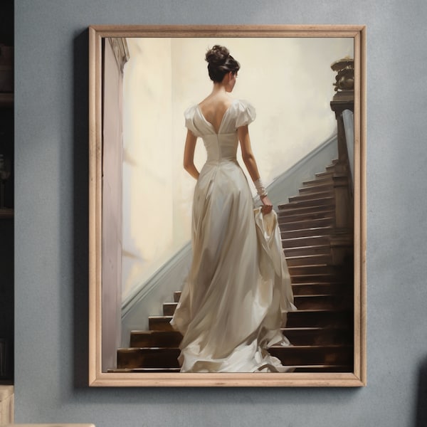 Vrouw op de trap portret | Witte vintage muurkunst | Victoriaanse kunst | Antiek olieverfschilderij | Humeurig wanddecor | Afdrukbare kunst | Digitaal